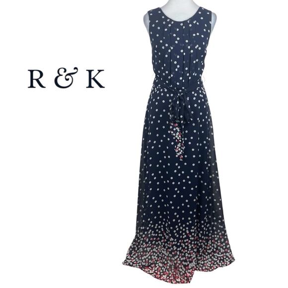 R & K Sheer Navy White Polka Dots Pleated Belted Feminine Maxi Dress NWOT Size 8 - Picture 2 of 13
